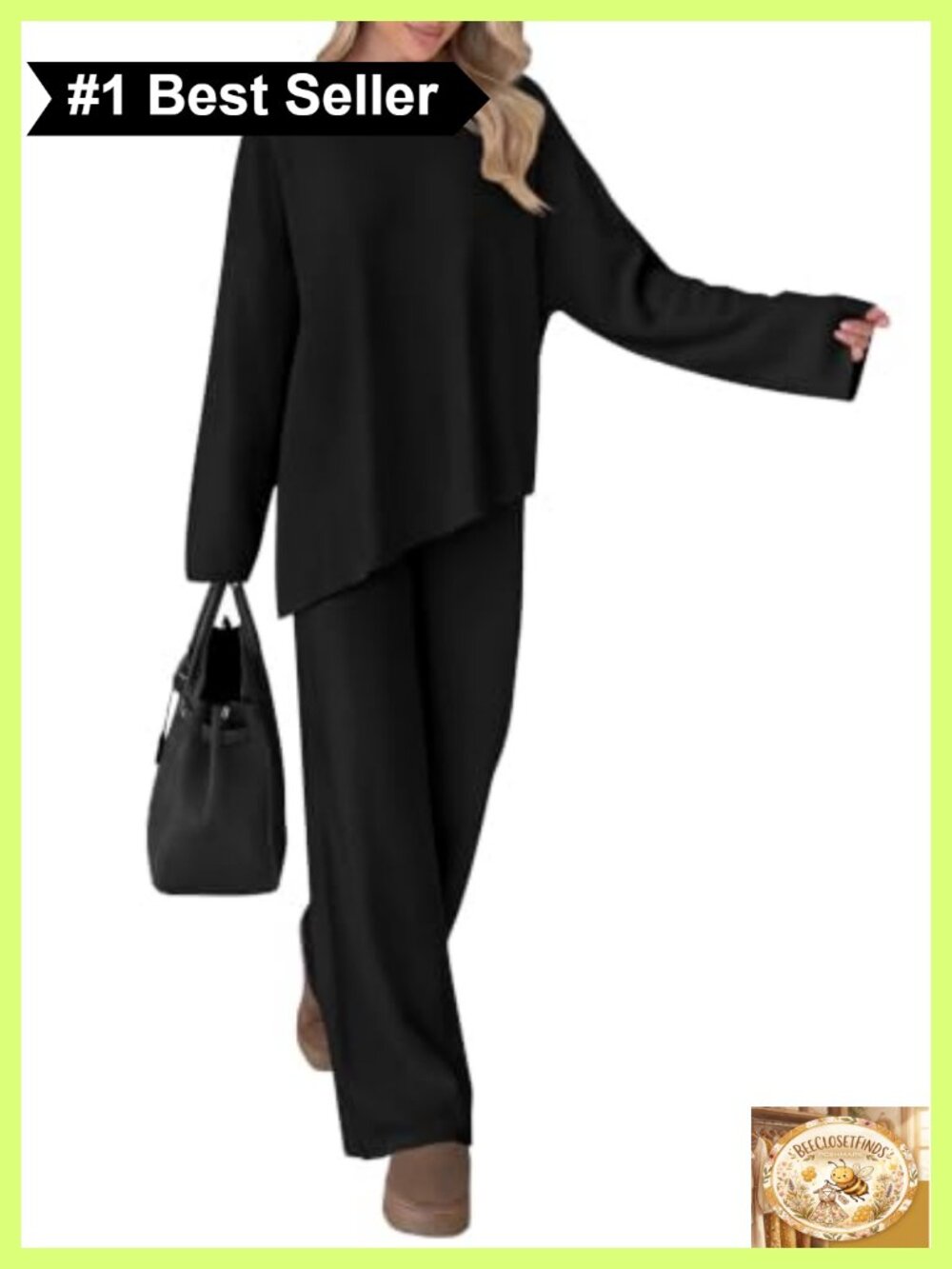 Women's 2 Piece Knit Sweater Lounge Set Asymmetric Top Wide Leg Pants Travel